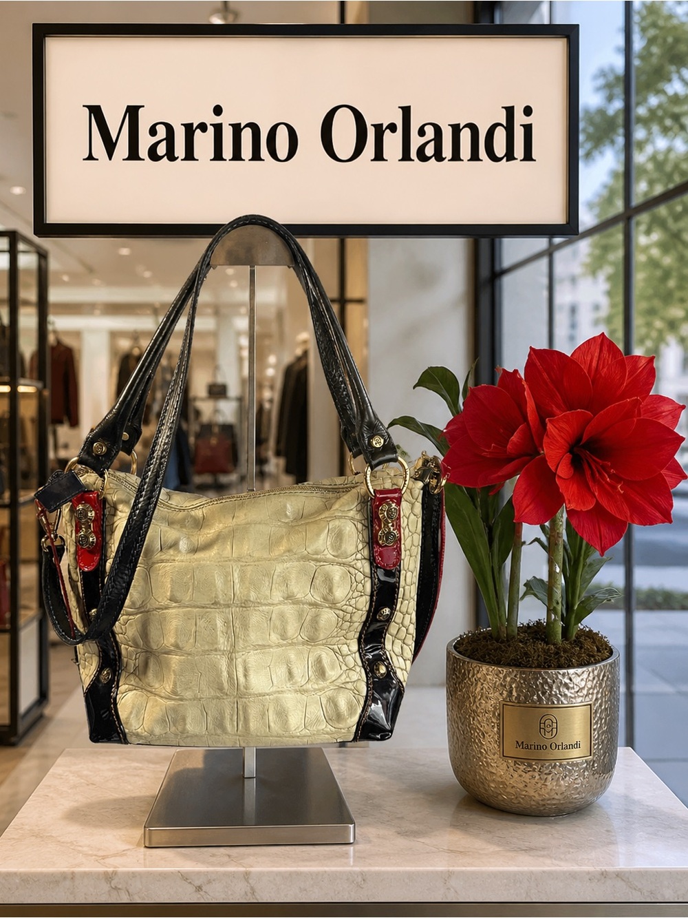 Marino Orlandi Metallic Gold Croc-Effect Shoulder Bag with Black Trim